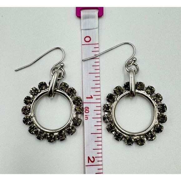 Silver Tone Gray Green Prong Set Pavé Crystal Glass Circle Dangle Earrings - Picture 3 of 6